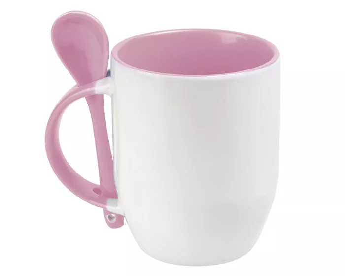 A160093 TAZA BICOLOR DE SUBLIMACIÓN CON CUCHARA SUB4716 MAGGIE ROSA ROSA